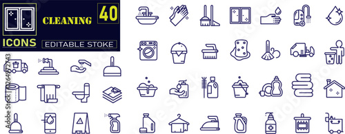 Set of outline icons related to cleaning . Gloves, Spray Bottle, Sponge, Mop icon. Design signs for web page, mobile app, packaging design. Vector illustration