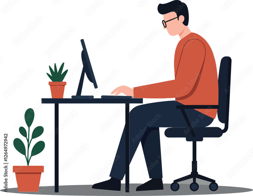 Person working on computer at desk surrounded by plants in flat vector illustration Person working on computer at desk surrounded by plants in flat vector illustration