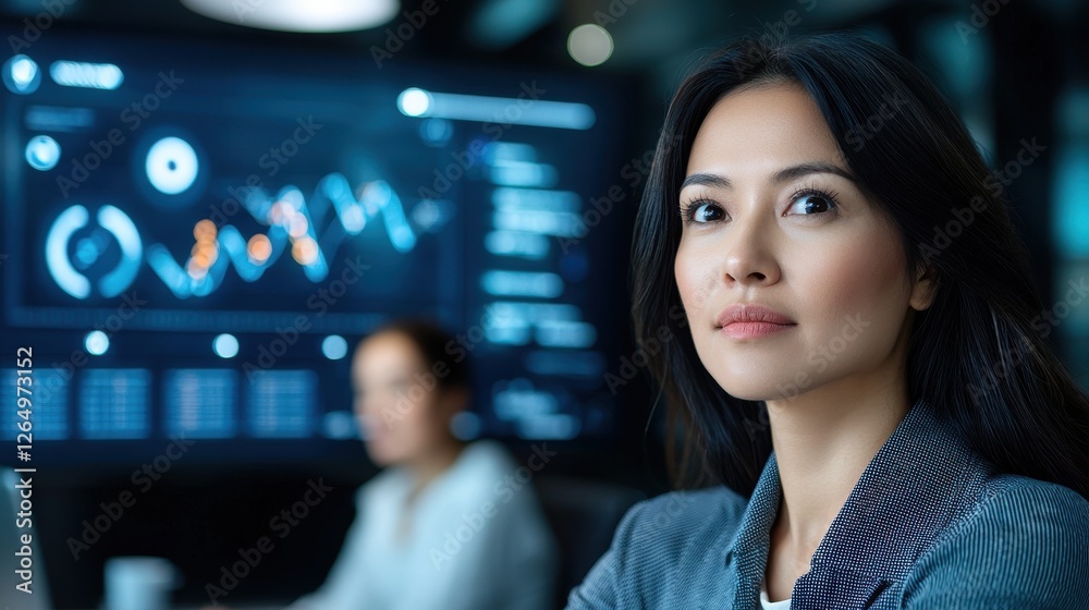 Fototapeta premium Visionary Asian corporate executive delivering a data driven digital presentation on a futuristic dashboard display showcasing advanced analytics forecasting