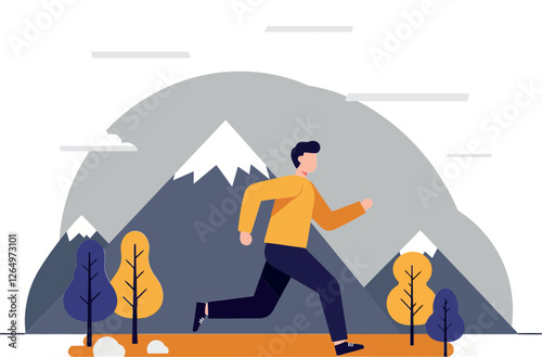 Person running through a scenic mountain landscape in minimal flat vector illustration