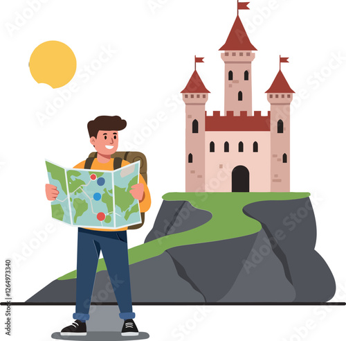 Young traveler holding a map in front of a castle in minimal vector illustration style
