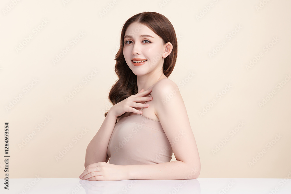 Beautiful young asian woman with clean fresh skin on beige background, Face care, Facial treatment, Cosmetology, beauty and spa, Asian women portrait. Beautiful young asian woman with clean fresh skin on beige background, Face care, Facial treatment, Cosmetology, beauty and spa, Asian women portrait.