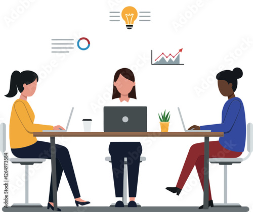 Three professionals collaborating at a table in a modern office with flat vector illustration style vector art