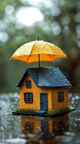 A vibrant yellow house contrasts beautifully against a rainy backdrop, shielded by a cheerful umbrella, showcasing resilience in bad weather and capturing an enchanting scene.