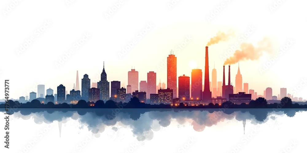 Obraz premium Abstract city featuring a factory and skyline with tall buildings, factory Cityscape in High Contrast 3D Style. winter evening, sunset, snow gently falling, rainy morning text space background .