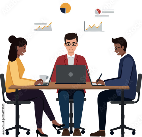 Team collaboration in a modern office setting with flat design elements showcasing vector art