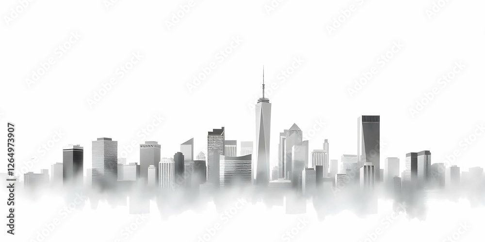 Obraz premium Abstract city featuring a factory and skyline with tall buildings, factory Cityscape in High Contrast 3D Style. winter evening, sunset, snow gently falling, rainy morning text space background .