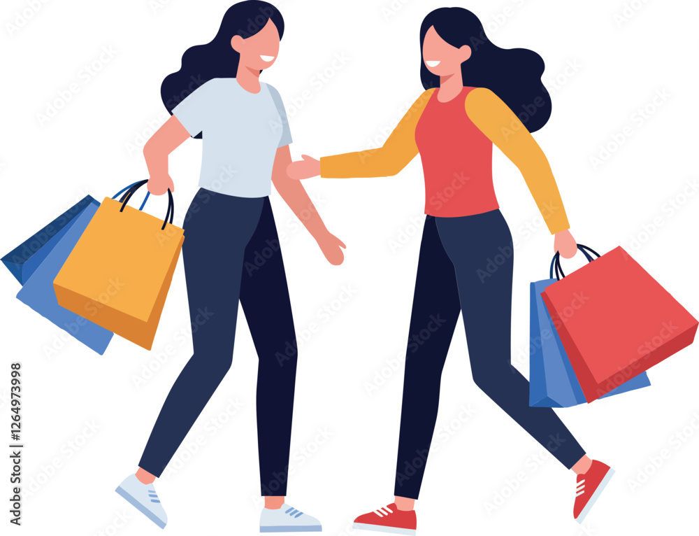 Two cheerful women enjoying shopping together in a flat style vector illustration Two cheerful women enjoying shopping together in a flat style vector illustration