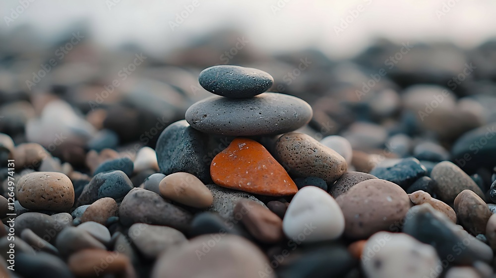 Stacked Stones On A Pebble Beach At Twilight Stacked Stones On A Pebble Beach At Twilight