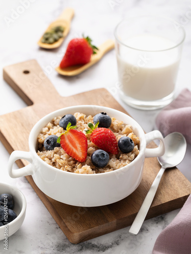 Wallpaper Mural Buckwheat flakes with strawberries and blueberries in a ceramic white plate on a wooden tray, healthy breakfast Torontodigital.ca