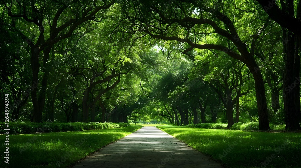 Sunlit Path Through Green Trees Tunnel In Park Sunlit Path Through Green Trees Tunnel In Park