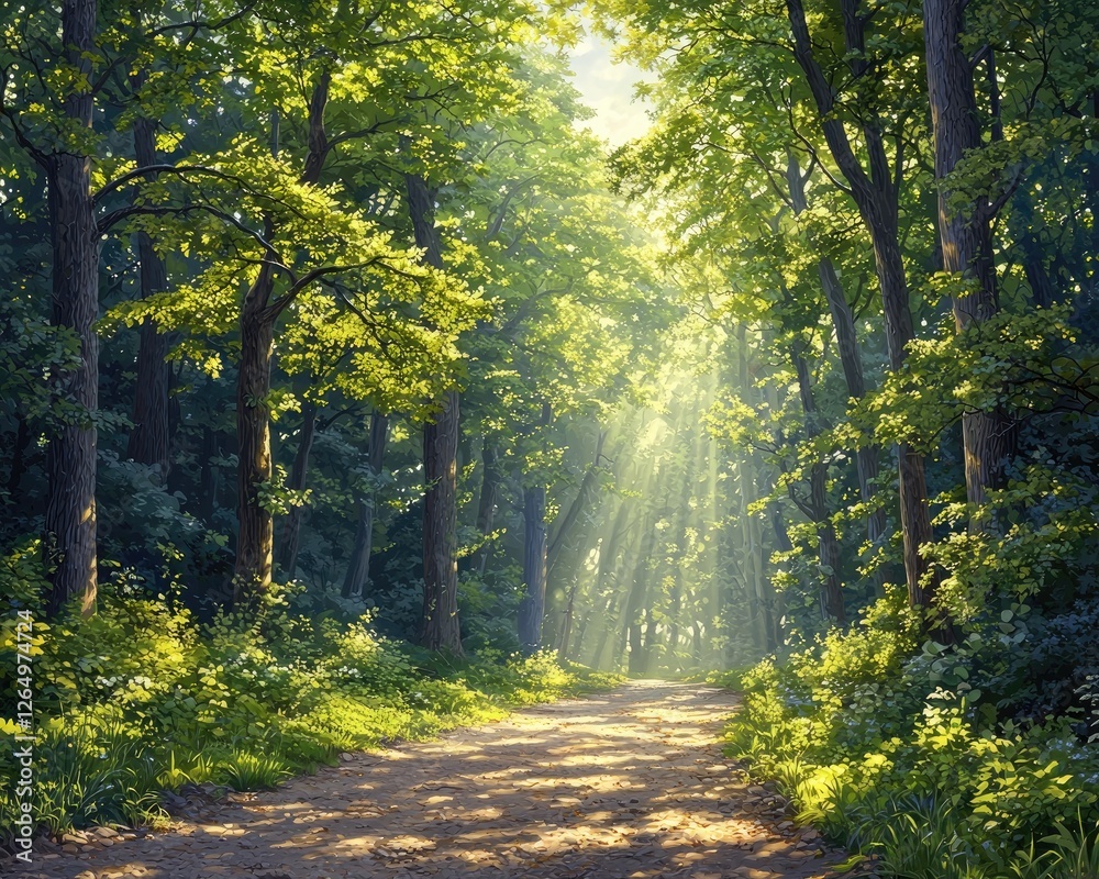 Obraz premium A serene forest path illuminated by sunlight filtering through lush green trees.