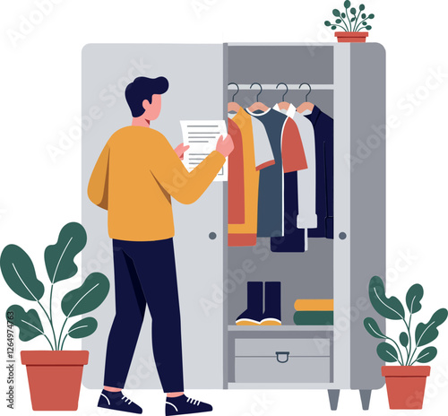 Person organizing clothes in wardrobe with plants in flat, minimal vector illustration