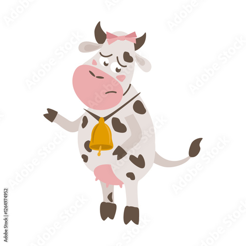 Sad cartoon cow on hind legs with bell on neck and bow on head - vector flat illustration, character for design of postcards, calendars, clothes, packaging