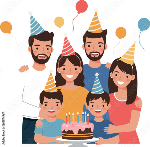 Family celebrating a birthday with cake, colorful balloons, and party hats in minimal vector illustration