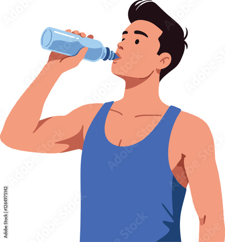 Young man drinking water in athletic clothing, flat design, healthy lifestyle vector art