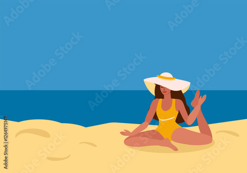 Young tanned woman in swimsuit and hat doing yoga on beach, sport activities and meditation by the sea in summer - vector color flat illustration for banners, postcards, posters, flyers