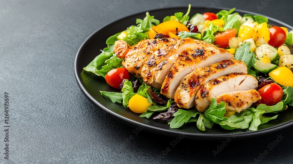 Grilled chicken breast on fresh salad with tomatoes, cucumbers, and peppers, on a black plate on dark background. Grilled chicken breast on fresh salad with tomatoes, cucumbers, and peppers, on a black plate on dark background.
