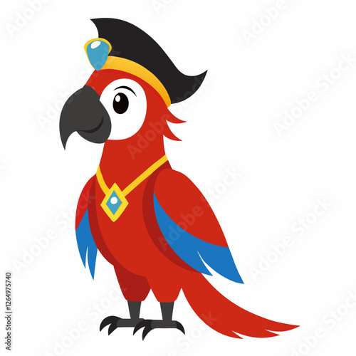  cartoon bird Amazon parrot red color in clothes. Colorful exotic parrot in pirate style.Suitable for education poster infographic guide catalog, children's books. Isolated on white background. Vector