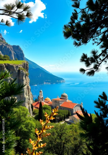 Breathtaking coastal monastery situated above a sparkling blue sea, perfectly blending nature’s beauty with human creation, inviting reflection and inspiration in a serene setting.