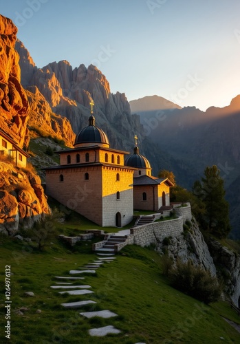 A tranquil monastery nestled in a valley, enveloped by majestic mountain peaks, showcasing the harmonious blend of spirituality and nature’s timeless beauty.