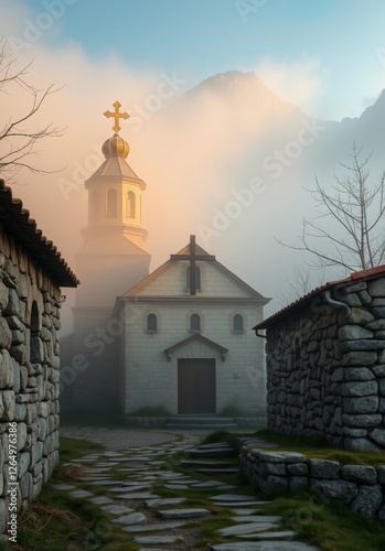 Fog envelops a quaint church at the foot of majestic mountains, creating a mystical scene that evokes feelings of solitude, reflection, and a deep connection to the natural world.