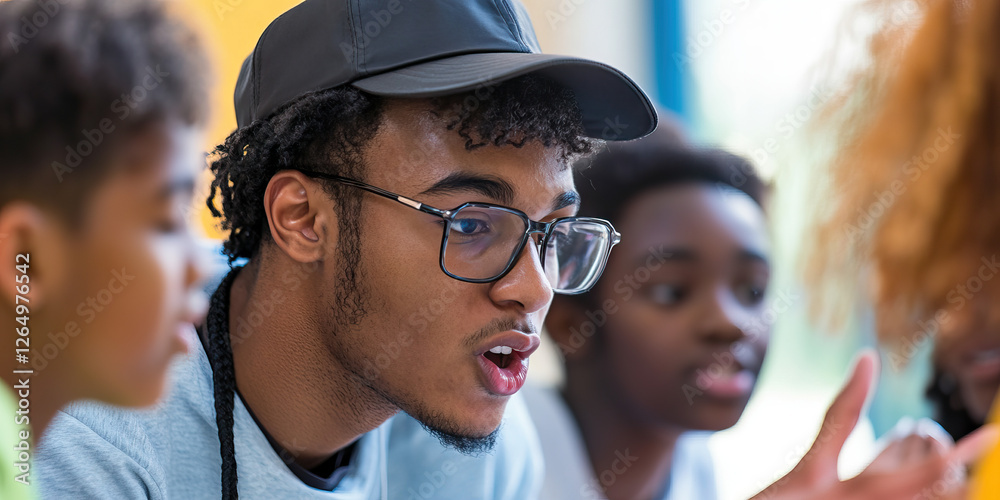 Obraz premium Young Black Man Speaking in Group Setting