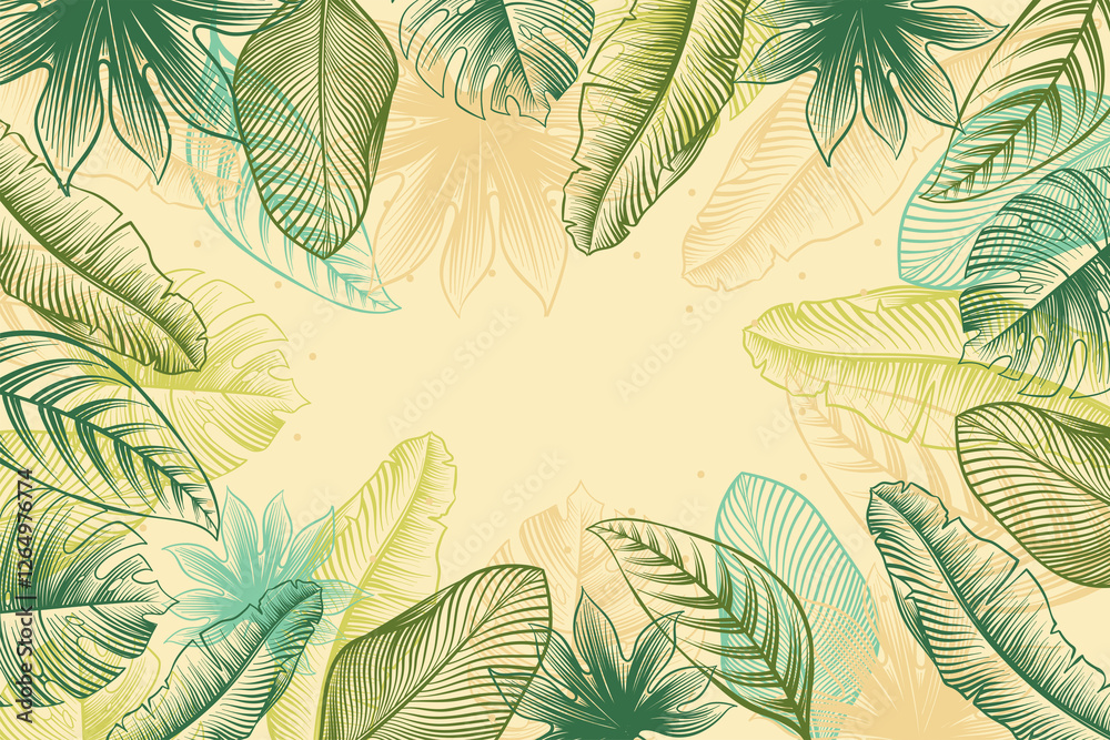 Naklejka premium Engraving hand drawn tropical leaves background 6 01