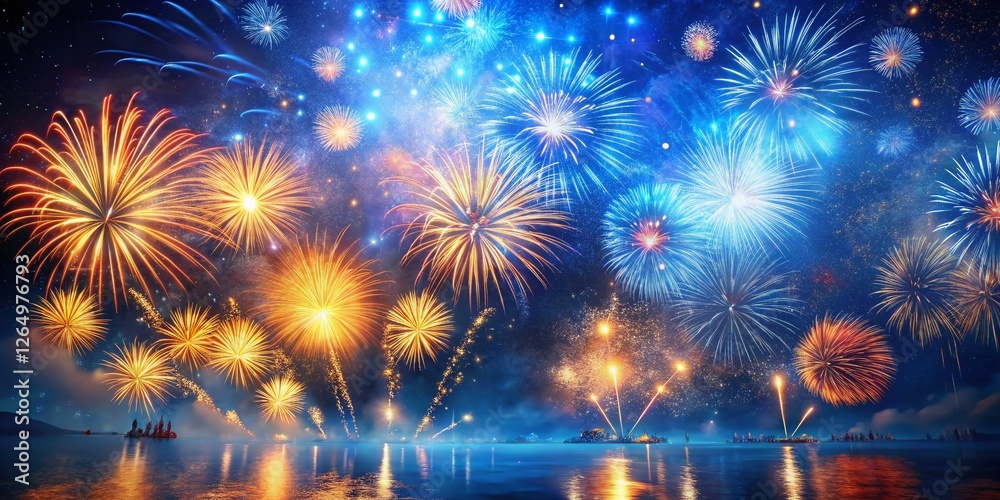 Lunar New Year Fireworks Double Exposure: Abstract Blue Celebration Stock Photo Lunar New Year Fireworks Double Exposure: Abstract Blue Celebration Stock Photo