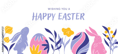 Happy Easter greeting design with colorful decorative eggs, floral elements and Easter bunny. Modern flat art style. Trendy concept for website banner, postcard, and invitation.