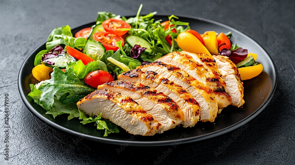Grilled chicken breast with fresh garden salad on elegant black plate, vibrant colors, healthy meal concept. Grilled chicken breast with fresh garden salad on elegant black plate, vibrant colors, healthy meal concept.