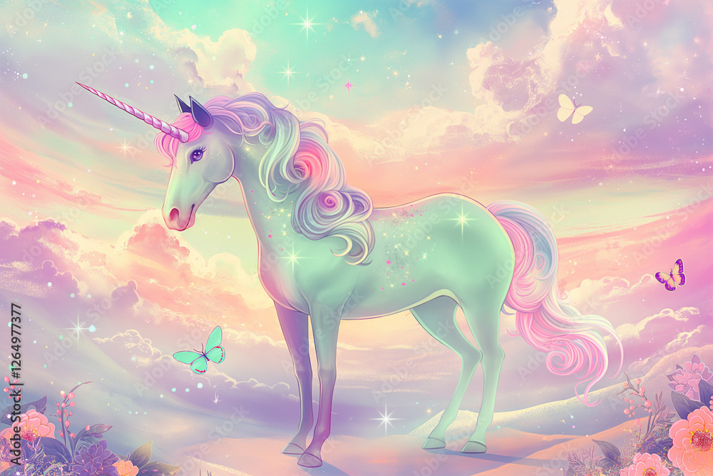 A magical unicorn standing gracefully in a vibrant, dreamy landscape, with a flowing mane in soft pastel colors like pink, lavender, and mint green A magical unicorn standing gracefully in a vibrant, dreamy landscape, with a flowing mane in soft pastel colors like pink, lavender, and mint green