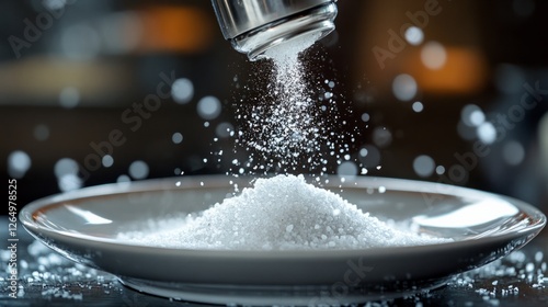 A glistening salt shaker held above a dinner plate, with salt falling in slow motion