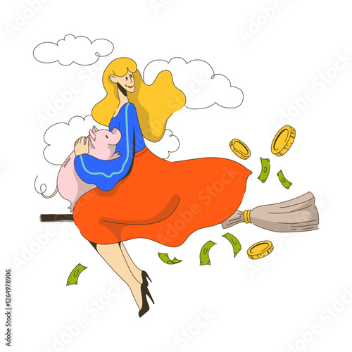 woman flying on a broomstick with a piggy bank in her hands