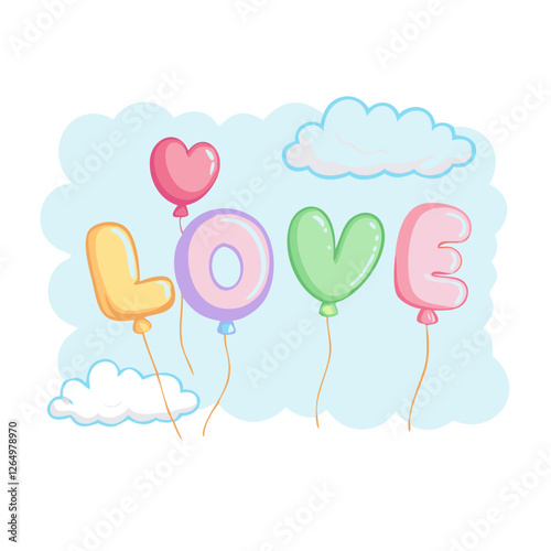 Love word balloons floating in sky with hearts