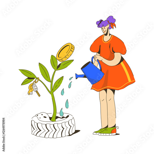 woman watering a big bush with money and keys