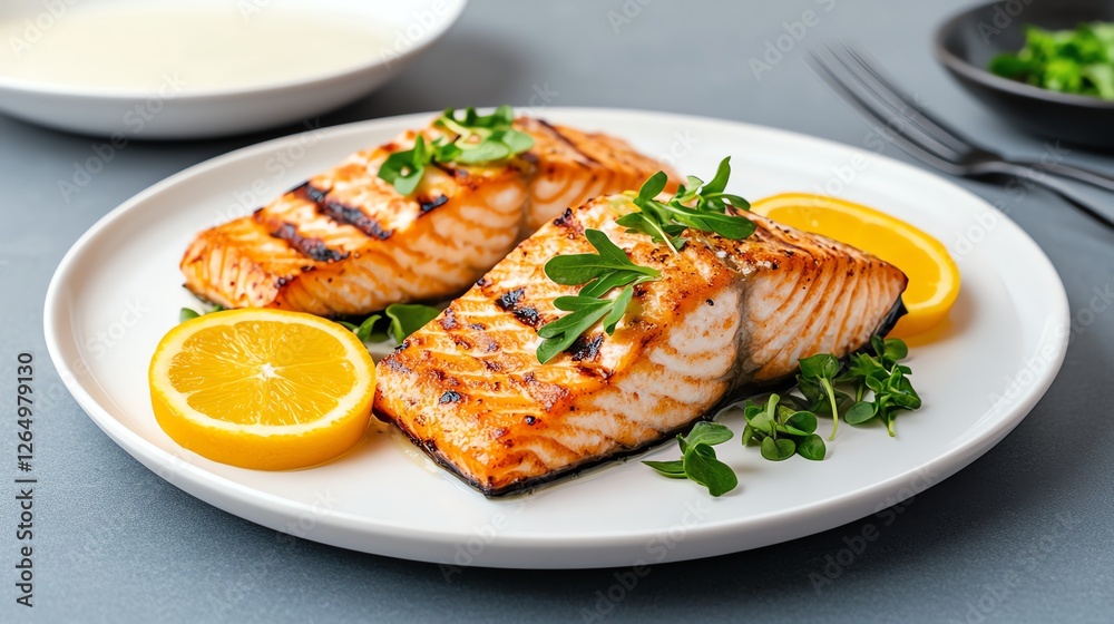 Grilled salmon fillets garnished with fresh lemon and herbs on a white plate, perfect for a healthy meal concept. Grilled salmon fillets garnished with fresh lemon and herbs on a white plate, perfect for a healthy meal concept.
