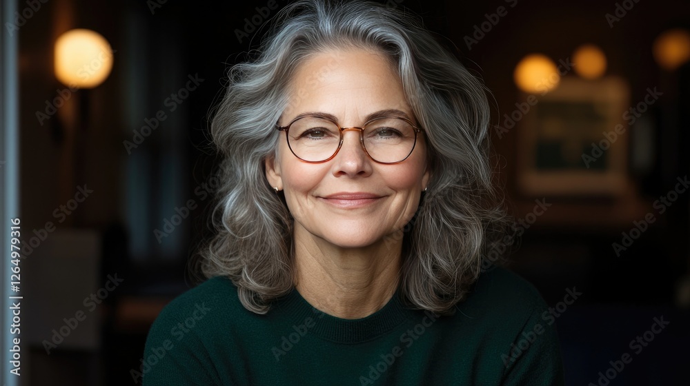 A warm and inviting portrait captures a smiling older woman with stylish gray hair, set against a cozy and comfortable indoor backdrop A warm and inviting portrait captures a smiling older woman with stylish gray hair, set against a cozy and comfortable indoor backdrop