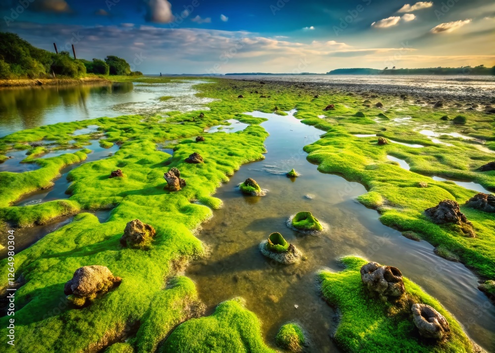 Naklejka premium Lush Green Swamp Landscape with Scattered Shellfish Remains - Stock Photo