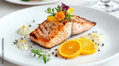 Grilled salmon with fresh herbs and citrus slices served on a white plate, garnished with flowers and herbs. photo