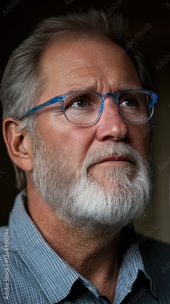 Older man with glasses gazes thoughtfully while reflecting on life changes in a cozy indoor setting during evening hours Older man with glasses gazes thoughtfully while reflecting on life changes in a cozy indoor setting during evening hours