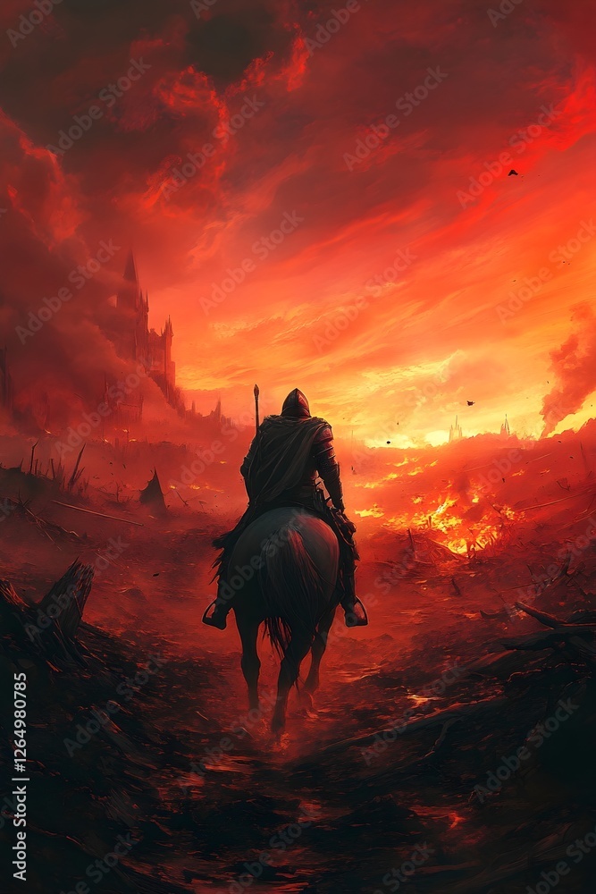 Fototapeta premium Lone Knight in a Burning Apocalypse – Dark Fantasy Art