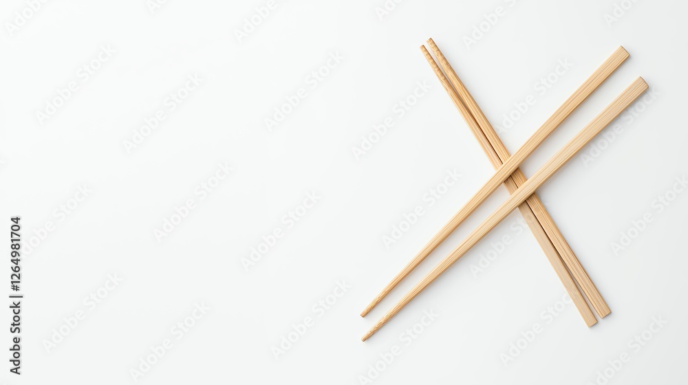 Minimalist image of wooden chopsticks crossed on a white background. Minimalist image of wooden chopsticks crossed on a white background.