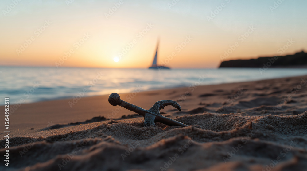 Fototapeta premium Sword in the sand at the beach during sunset