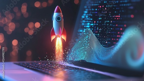 A visual masterpiece of a rocket soaring out of a laptop with dynamic digital waves, representing the limitless possibilities of technology and human aspiration.