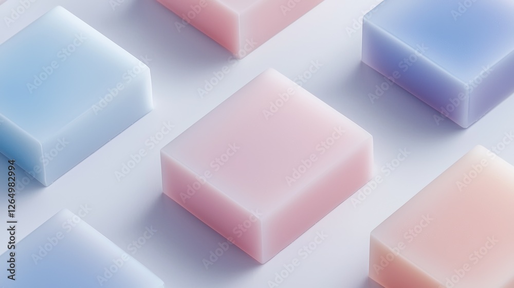 Group of six square-shaped objects arranged in a diagonal pattern on a light blue background. the objects appear to be made of a soft, pastel-colored material, possibly soap or lotion. Group of six square-shaped objects arranged in a diagonal pattern on a light blue background. the objects appear to be made of a soft, pastel-colored material, possibly soap or lotion.
