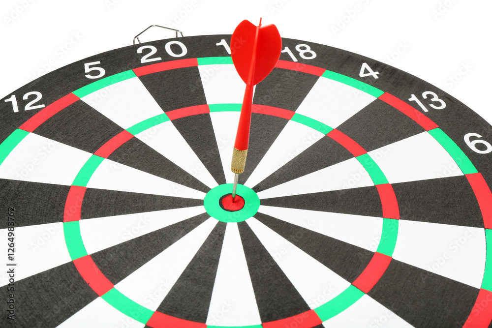 Dart board with red arrow hitting target on white background Dart board with red arrow hitting target on white background