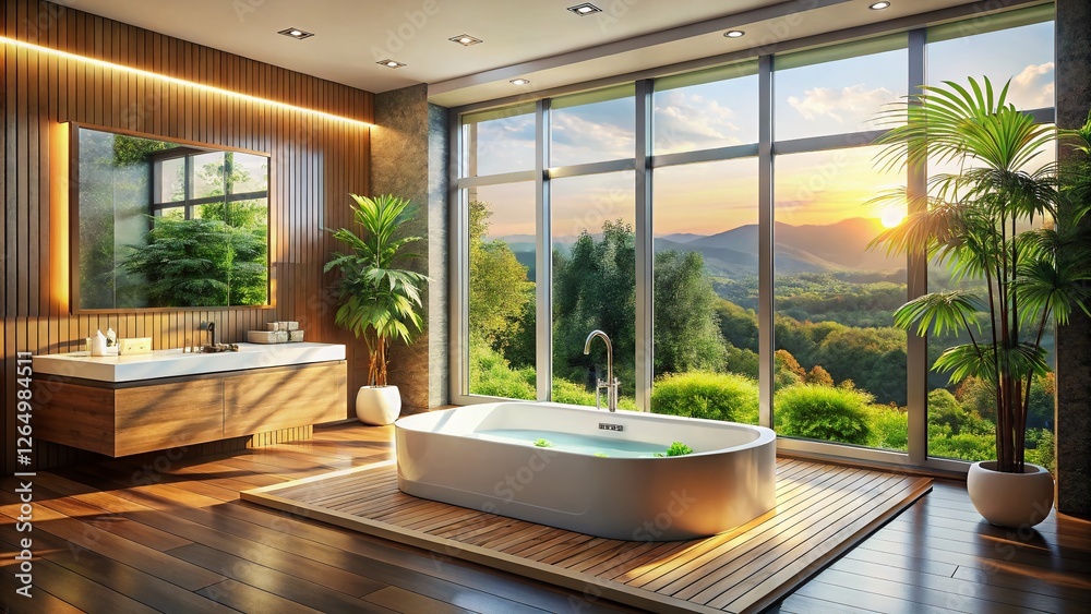 Fototapeta premium Luxurious Jacuzzi Bathtub with High Window, Natural Light, Cozy Wellness Interior Design