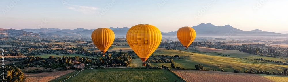 Obraz premium Stunning aerial view of a vibrant and colorful hot air balloon festival taking place amidst a picturesque mountain landscape