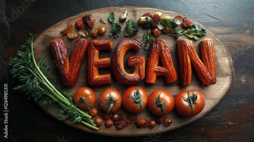 The image is a creative arrangement of vegetables and fruits on wooden boards to spell out vegan. photo